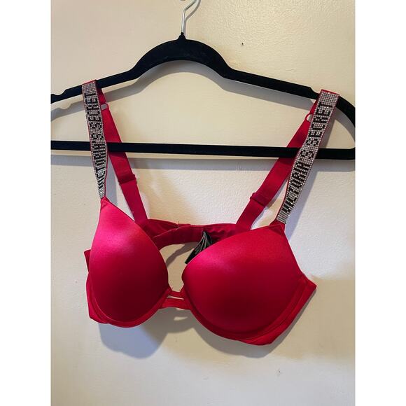 Victoria's Secret Very Sexy Pushup Shine Sparkly holiday Rhinestone Red bra 34B - Picture 5 of 6